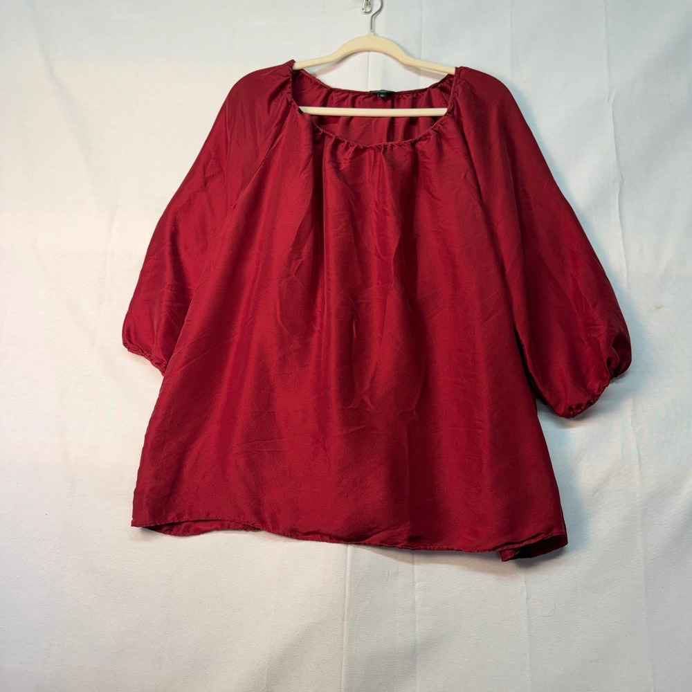 Talbots Woman Red 100% Silk Puff Sleeve Gathered Neck Blouse Top 2X